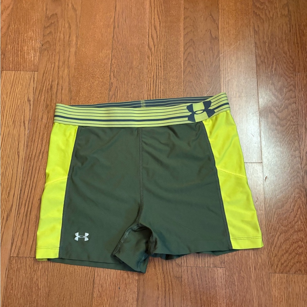 Under Armour green and yellow athletic shorts. Size small